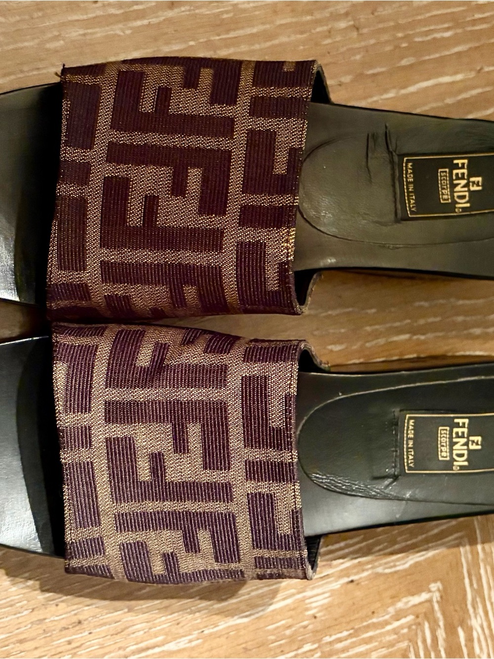 Fendi FF Logo Slide Sandals in Plum and Gold Metallic
